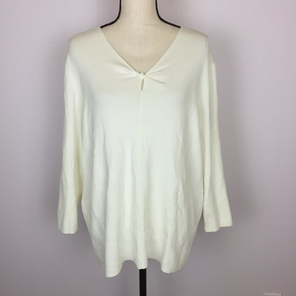 New JM Collection Sweater 2X Womans Plus White Knit V Neck 3/4 Sleeve Pullover